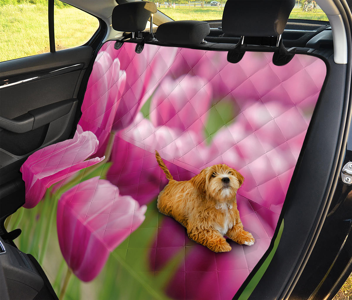 Pink Tulip Print Pet Car Back Seat Cover