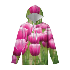 Pink Tulip Print Pullover Hoodie