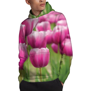 Pink Tulip Print Pullover Hoodie