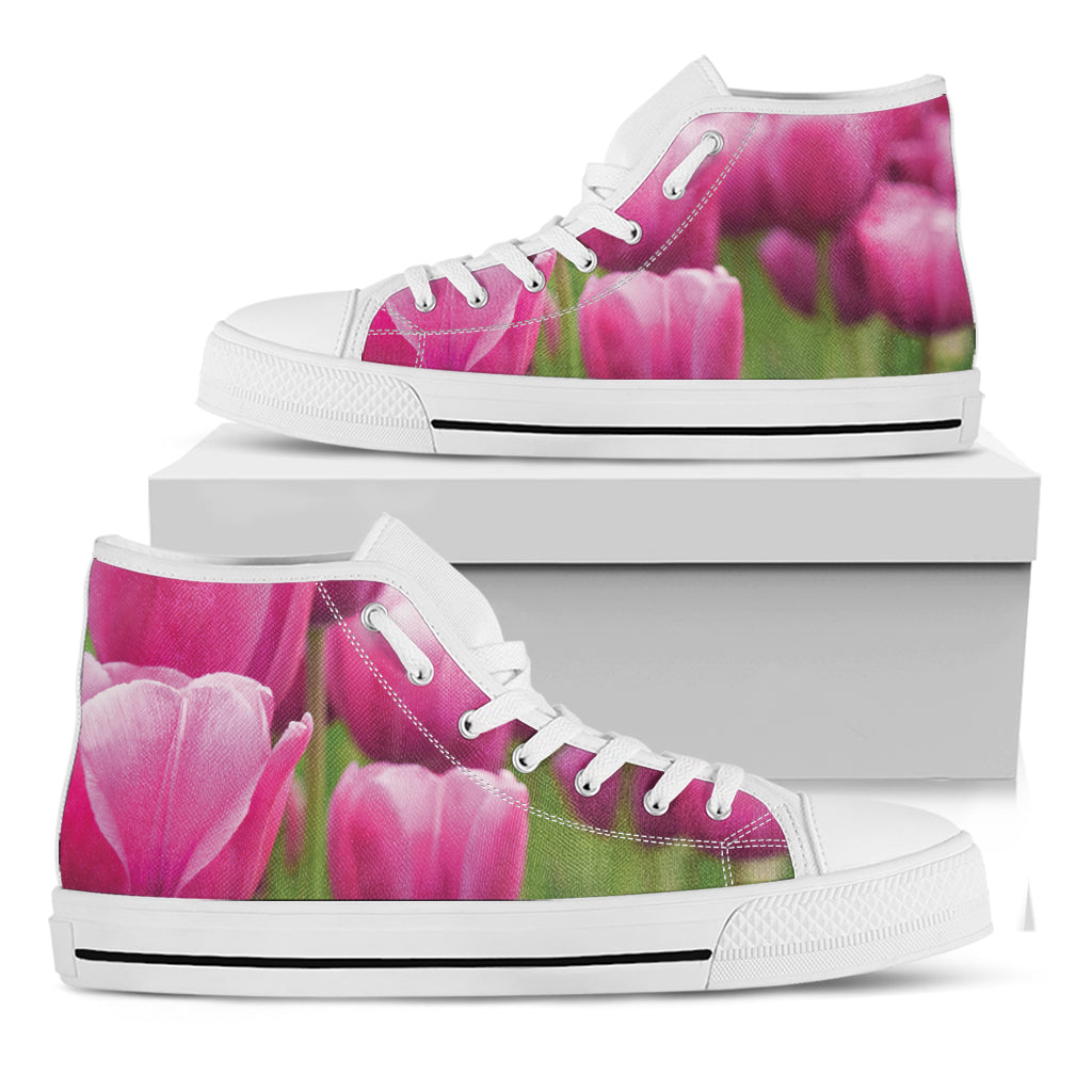 Pink Tulip Print White High Top Shoes