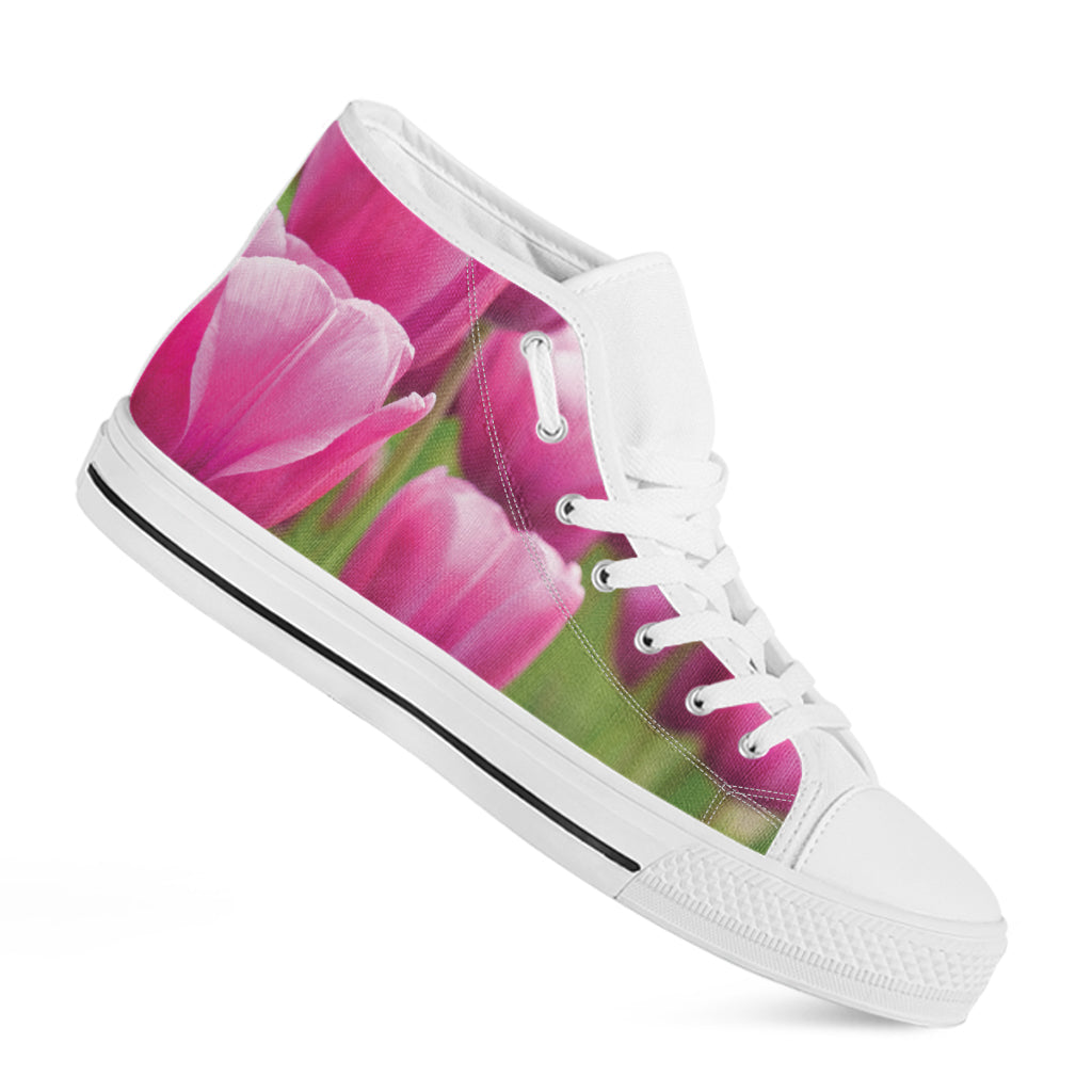 Pink Tulip Print White High Top Shoes