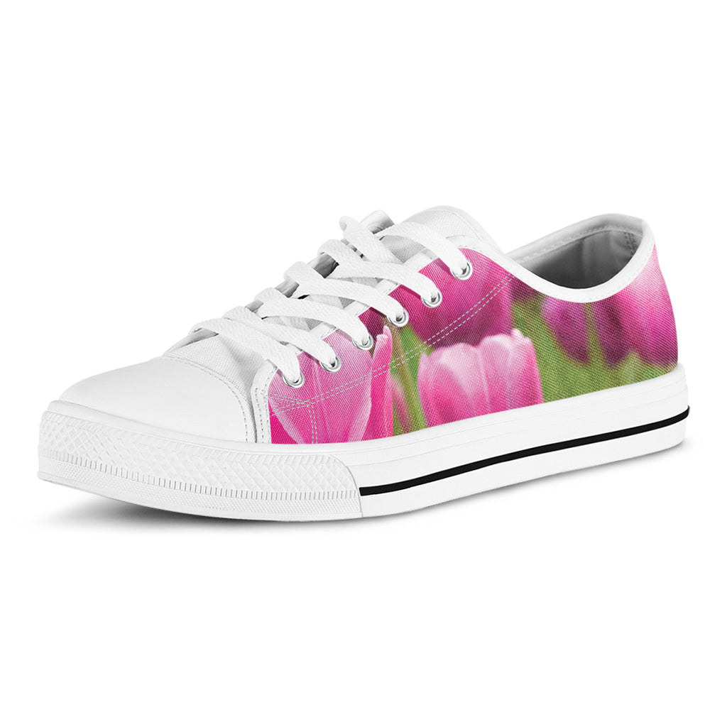 Pink Tulip Print White Low Top Shoes
