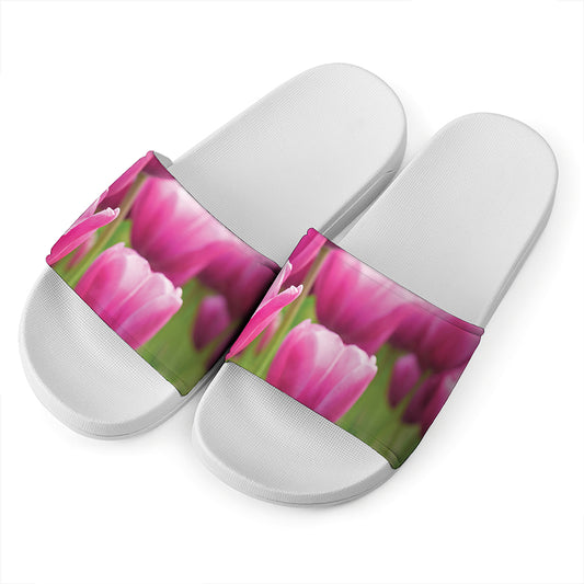 Pink Tulip Print White Slide Sandals