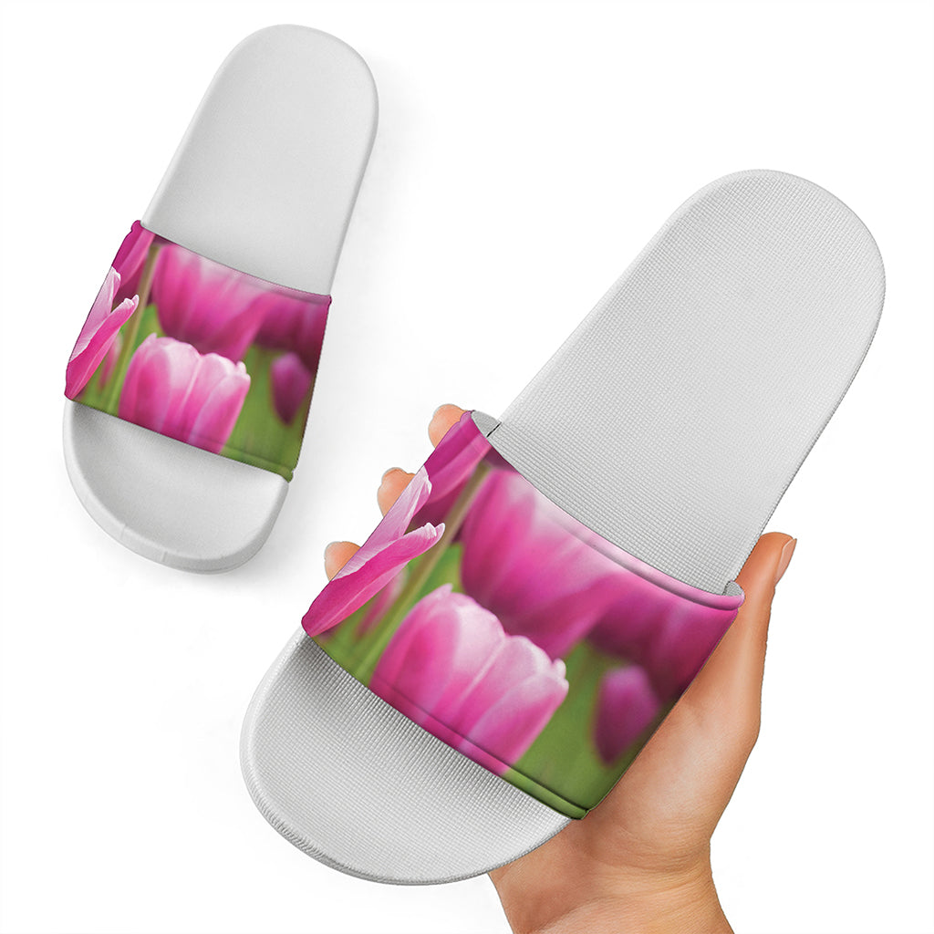 Pink Tulip Print White Slide Sandals