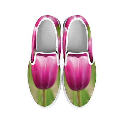 Pink Tulip Print White Slip On Shoes