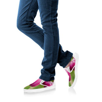 Pink Tulip Print White Slip On Shoes