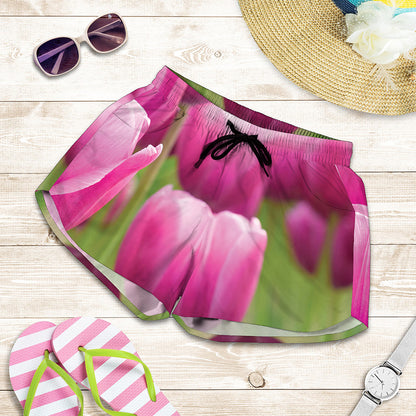 Pink Tulip Print Women's Shorts