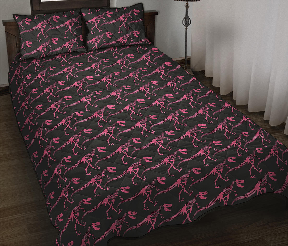 Pink Tyrannosaurus Fossil Pattern Print Quilt Bed Set