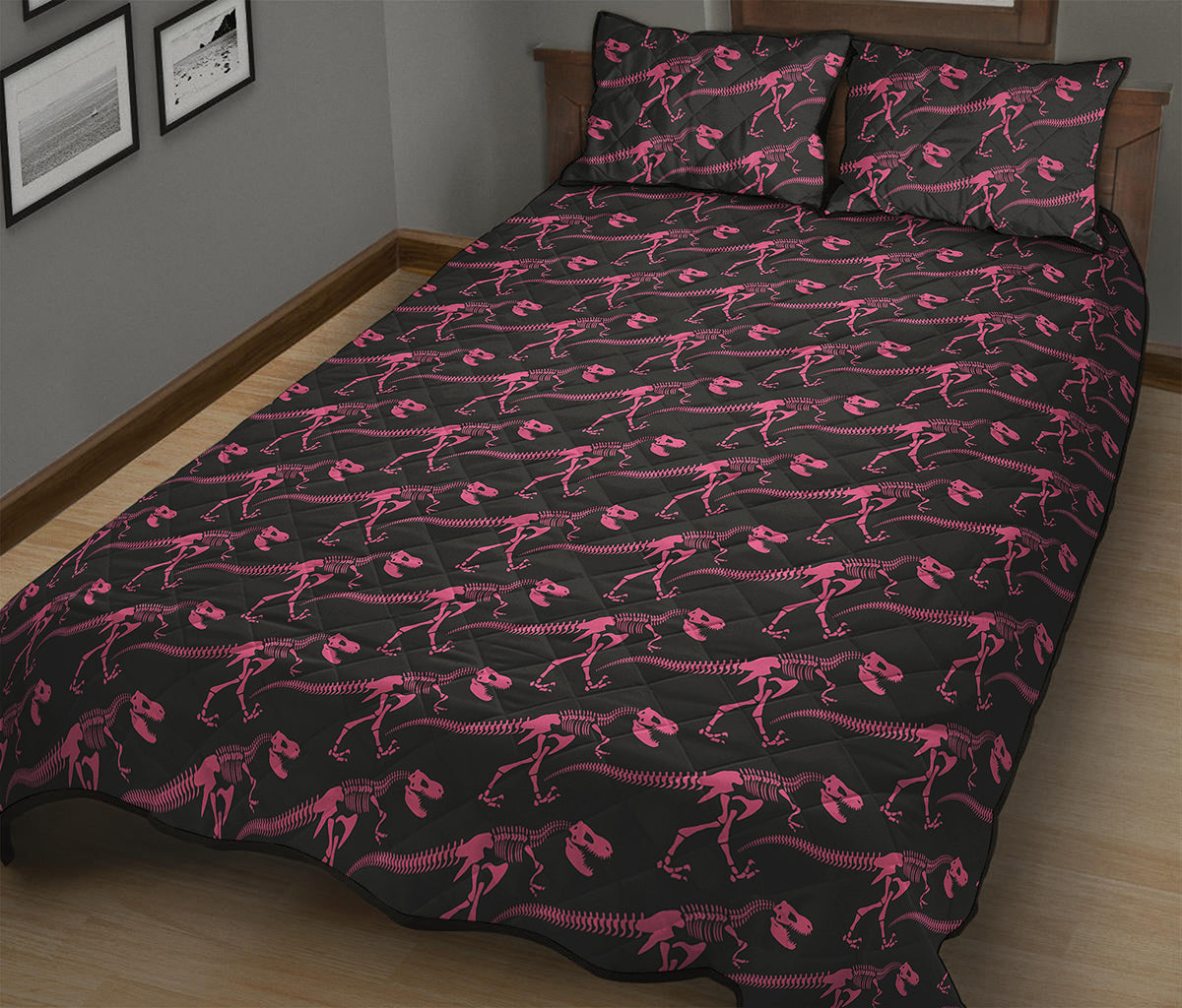 Pink Tyrannosaurus Fossil Pattern Print Quilt Bed Set