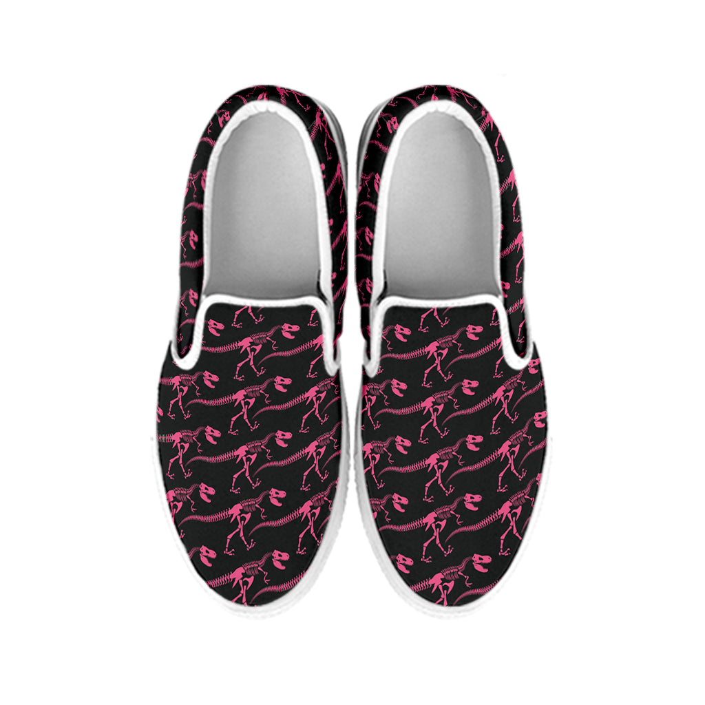 Pink Tyrannosaurus Fossil Pattern Print White Slip On Shoes