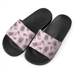 Pink Vintage Pineapple Pattern Print Black Slide Sandals