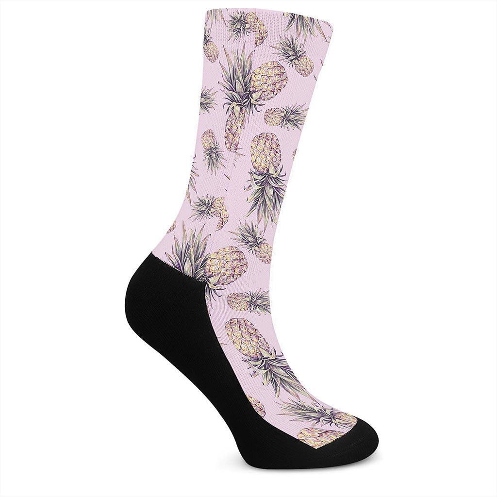 Pink Vintage Pineapple Pattern Print Crew Socks