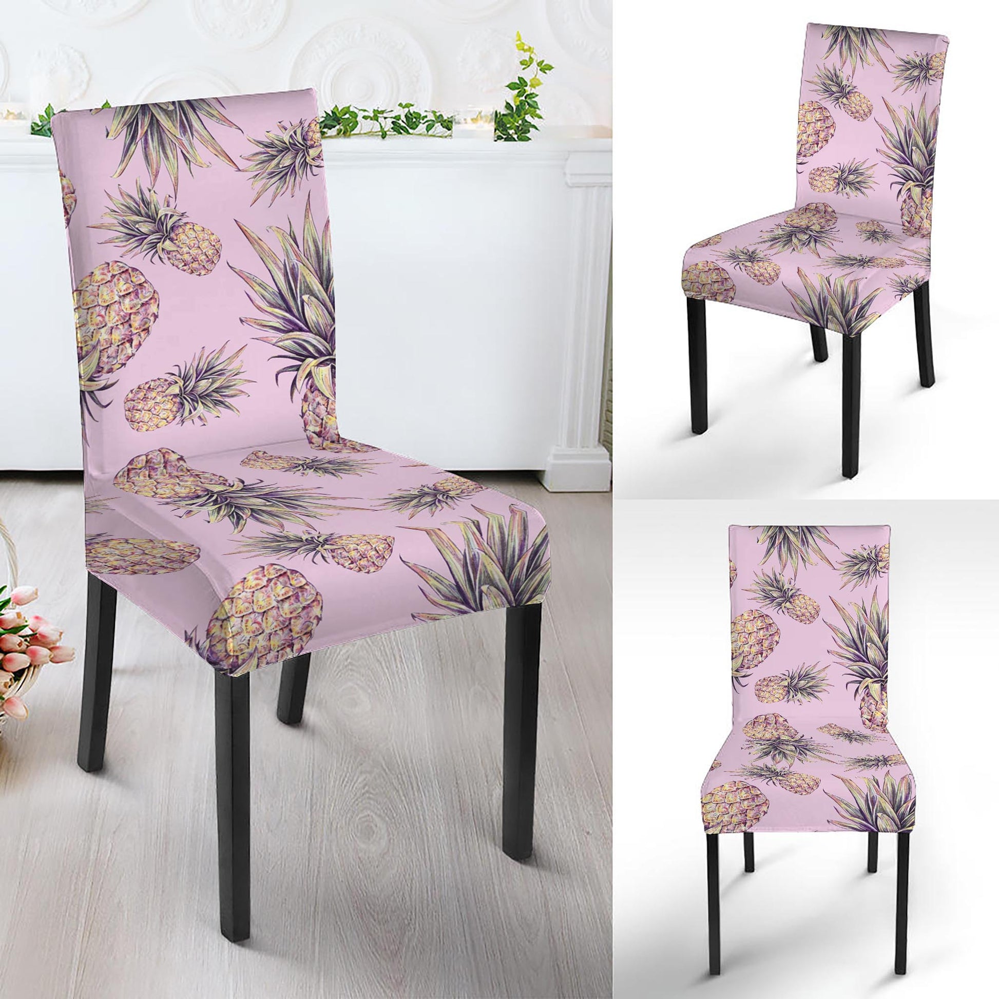 Pink Vintage Pineapple Pattern Print Dining Chair Slipcover