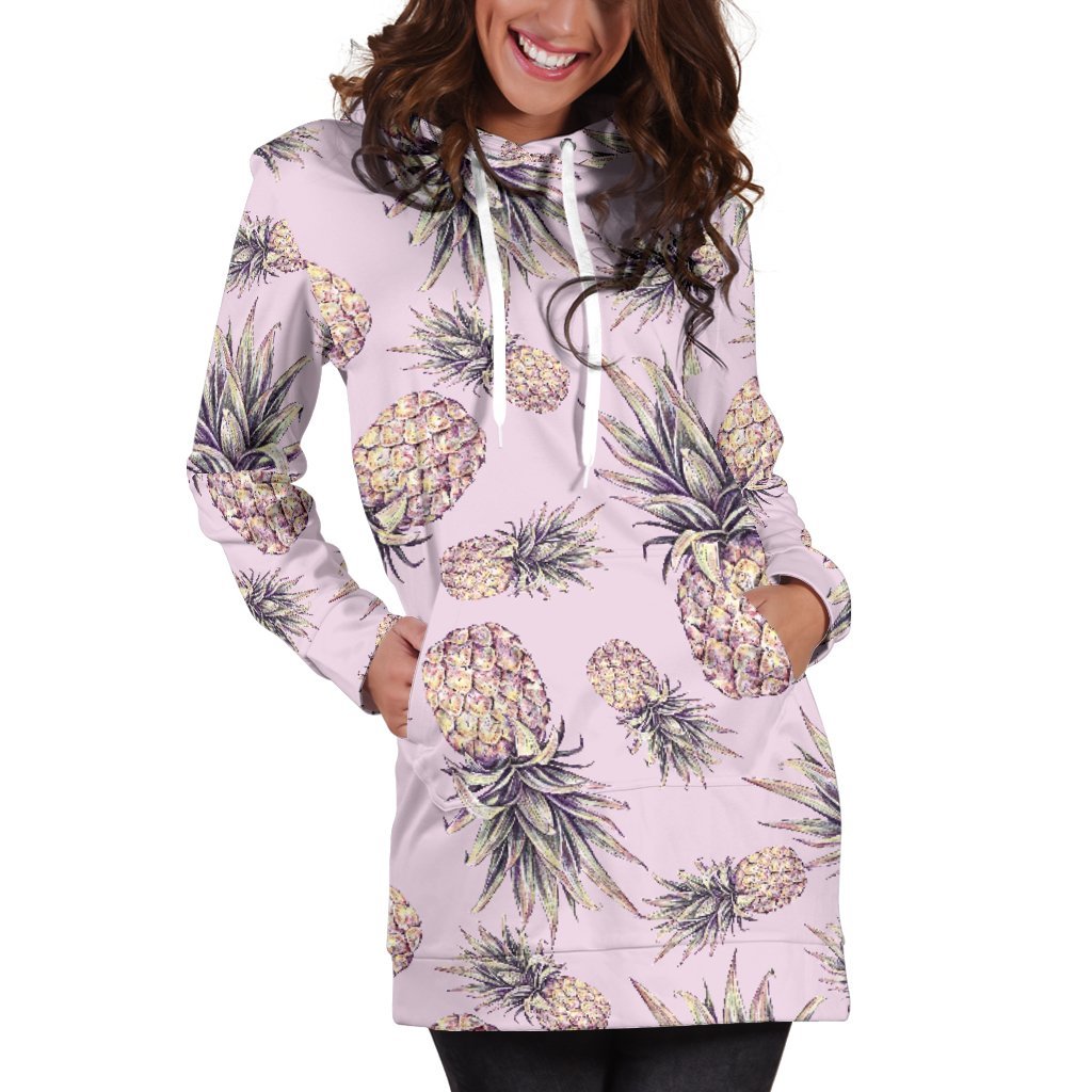 Pink Vintage Pineapple Pattern Print Hoodie Dress GearFrost