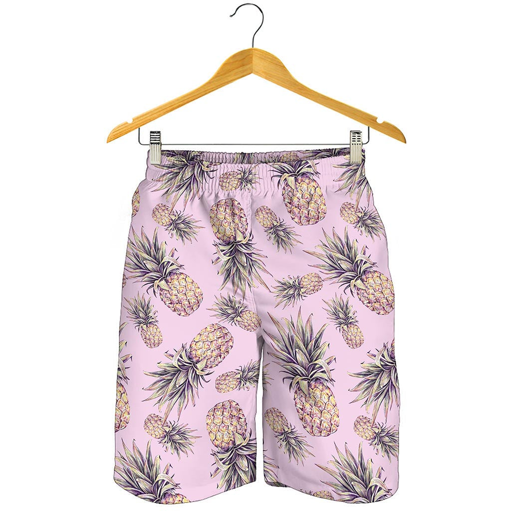 Pink Vintage Pineapple Pattern Print Men's Shorts