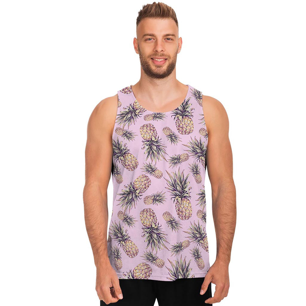 Pink Vintage Pineapple Pattern Print Men's Tank Top