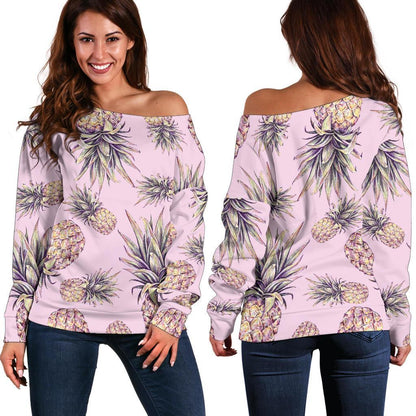 Pink Vintage Pineapple Pattern Print Off Shoulder Sweatshirt GearFrost