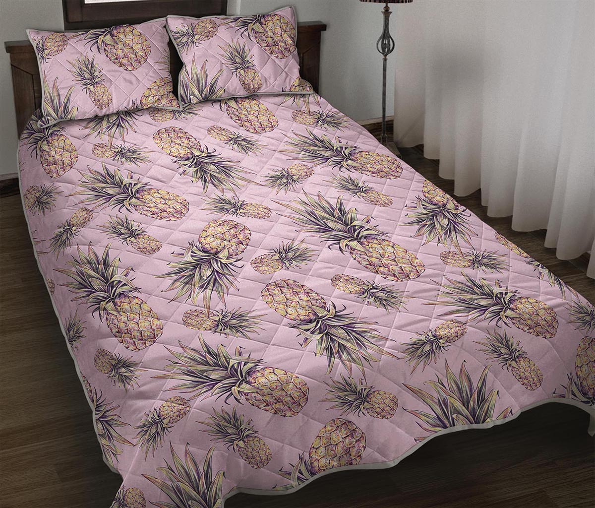 Pink Vintage Pineapple Pattern Print Quilt Bed Set