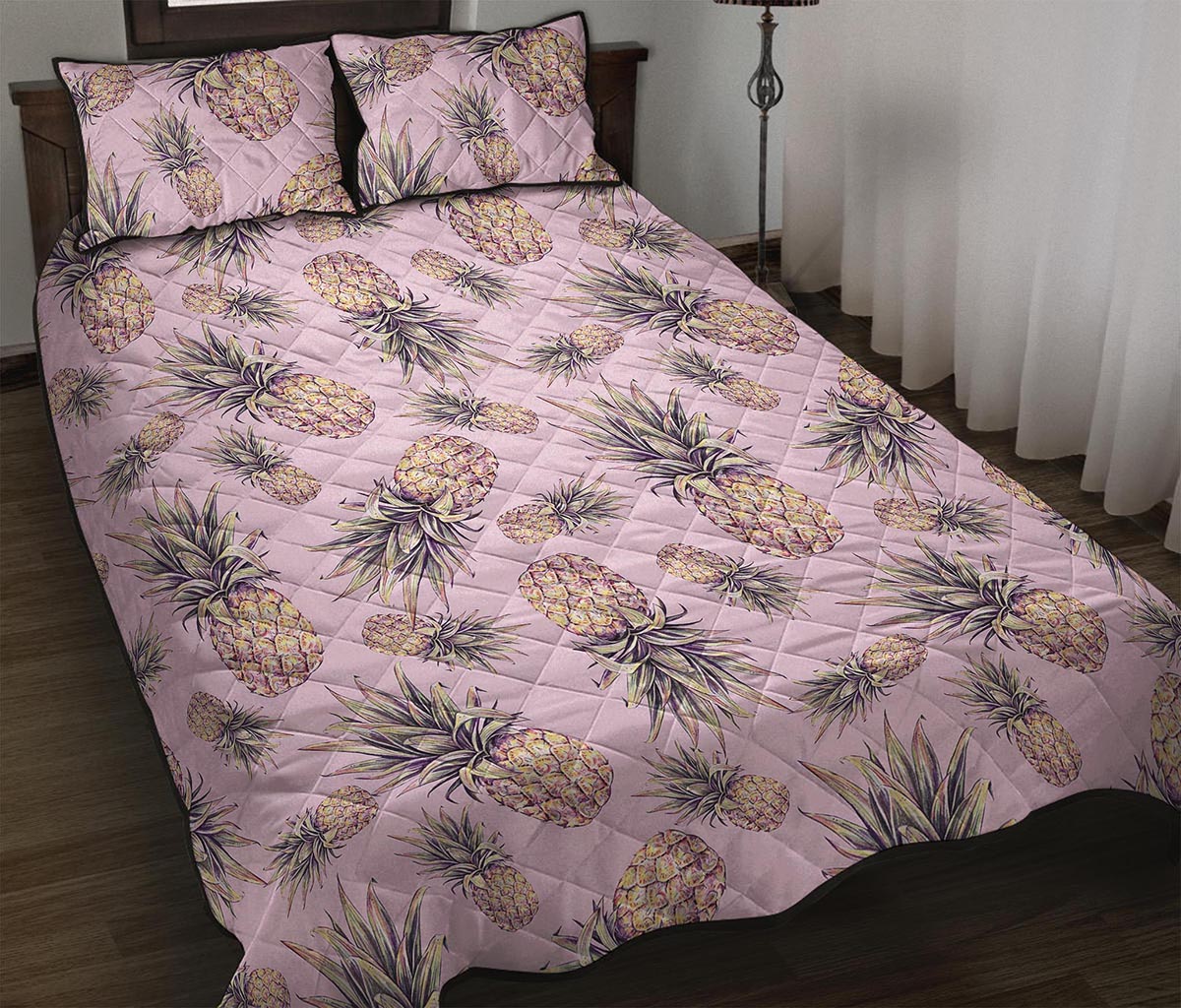Pink Vintage Pineapple Pattern Print Quilt Bed Set
