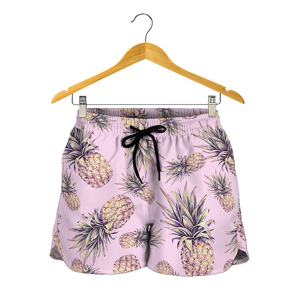 Pink Vintage Pineapple Pattern Print Women's Shorts