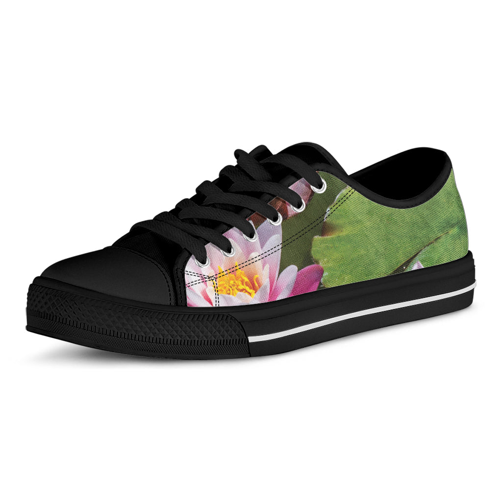 Pink Water Lilies Print Black Low Top Shoes