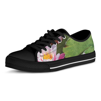 Pink Water Lilies Print Black Low Top Shoes