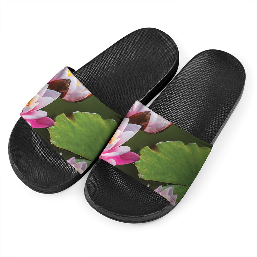 Pink Water Lilies Print Black Slide Sandals