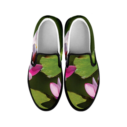Pink Water Lilies Print Black Slip On Shoes