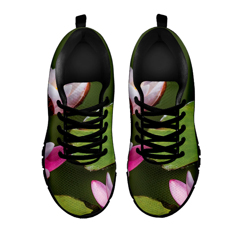 Pink Water Lilies Print Black Sneakers