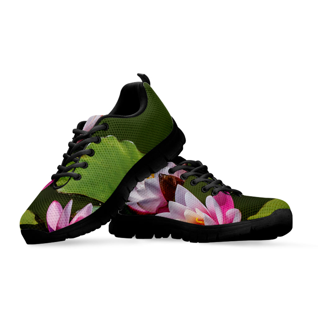 Pink Water Lilies Print Black Sneakers
