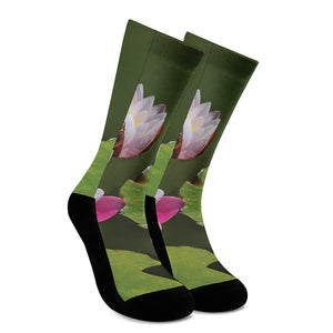 Pink Water Lilies Print Crew Socks