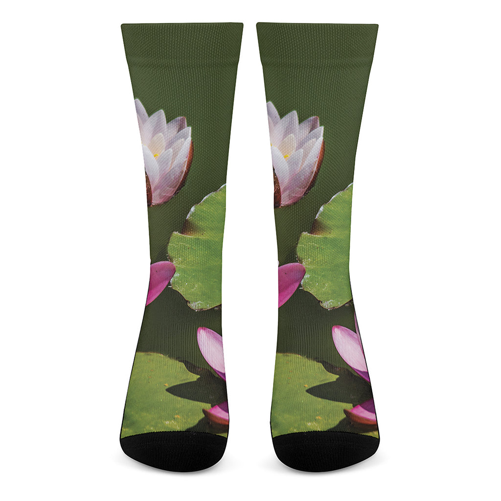 Pink Water Lilies Print Crew Socks