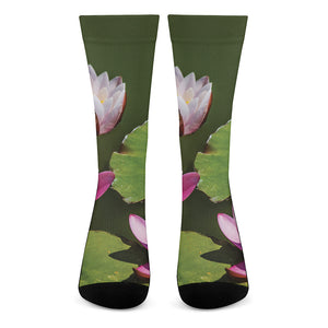 Pink Water Lilies Print Crew Socks