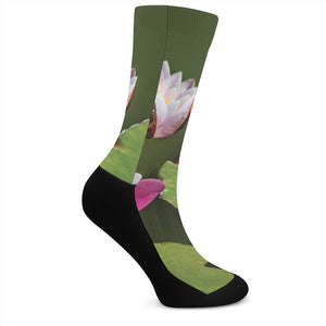 Pink Water Lilies Print Crew Socks