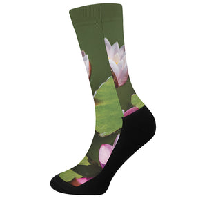 Pink Water Lilies Print Crew Socks