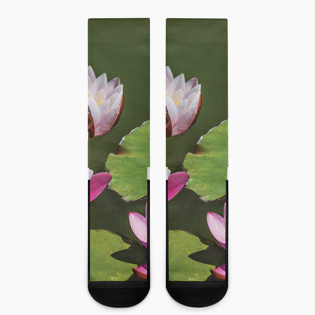 Pink Water Lilies Print Crew Socks