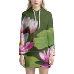 Pink Water Lilies Print Hoodie Dress