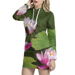 Pink Water Lilies Print Hoodie Dress