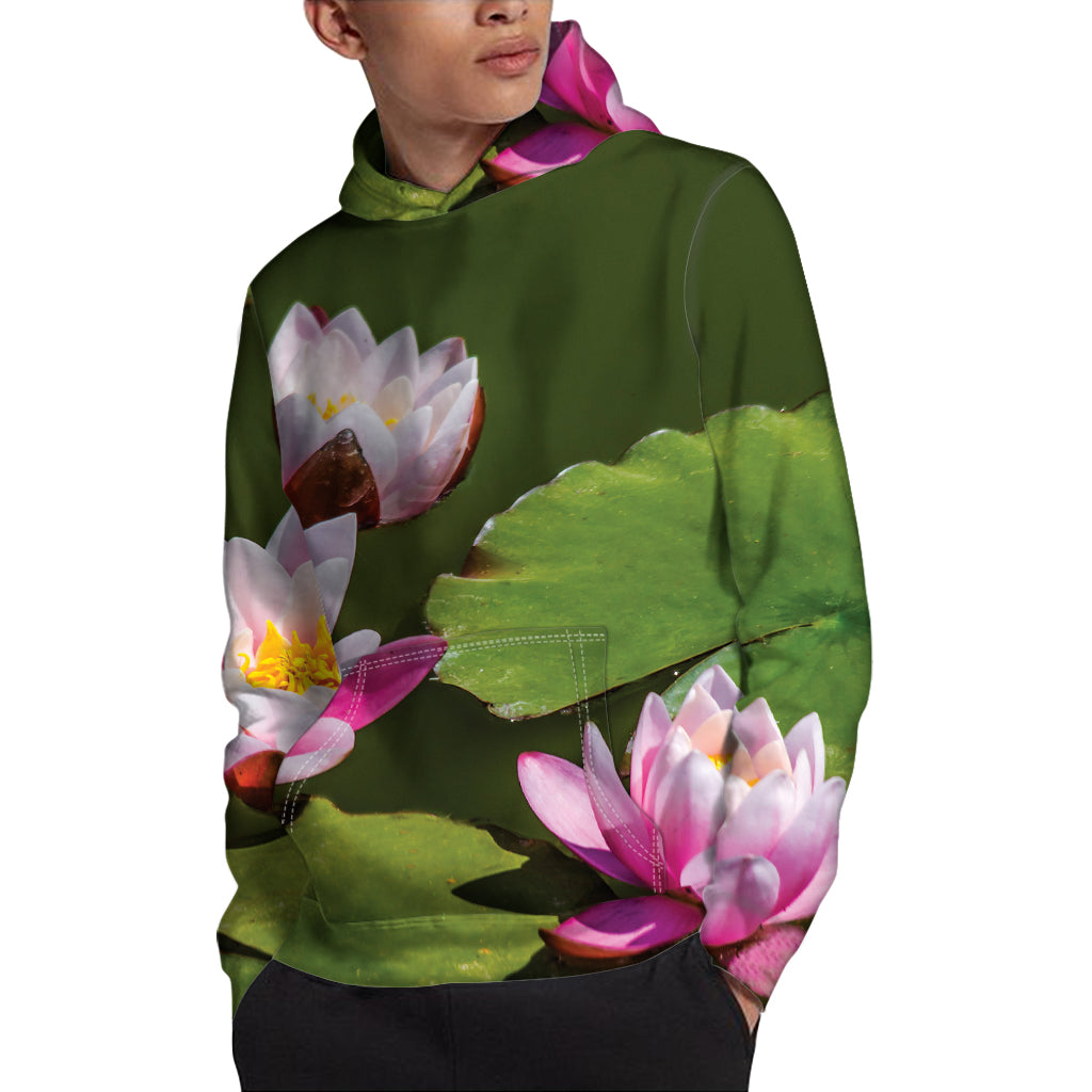 Pink Water Lilies Print Pullover Hoodie
