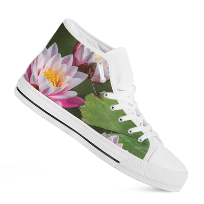 Pink Water Lilies Print White High Top Shoes