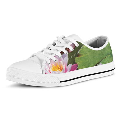 Pink Water Lilies Print White Low Top Shoes