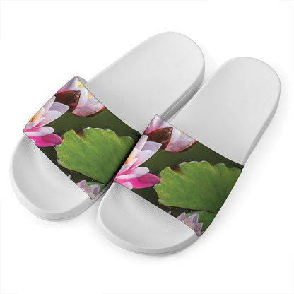 Pink Water Lilies Print White Slide Sandals
