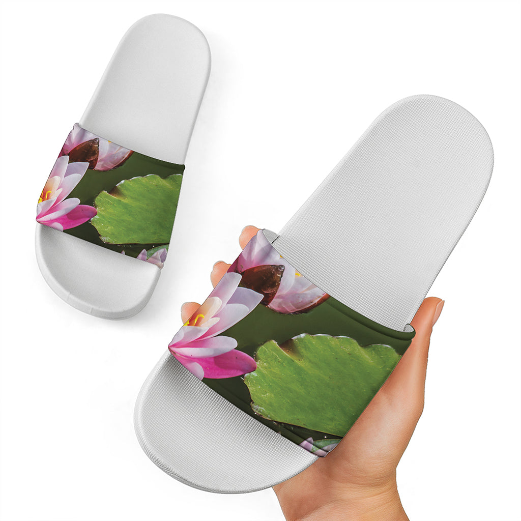 Pink Water Lilies Print White Slide Sandals