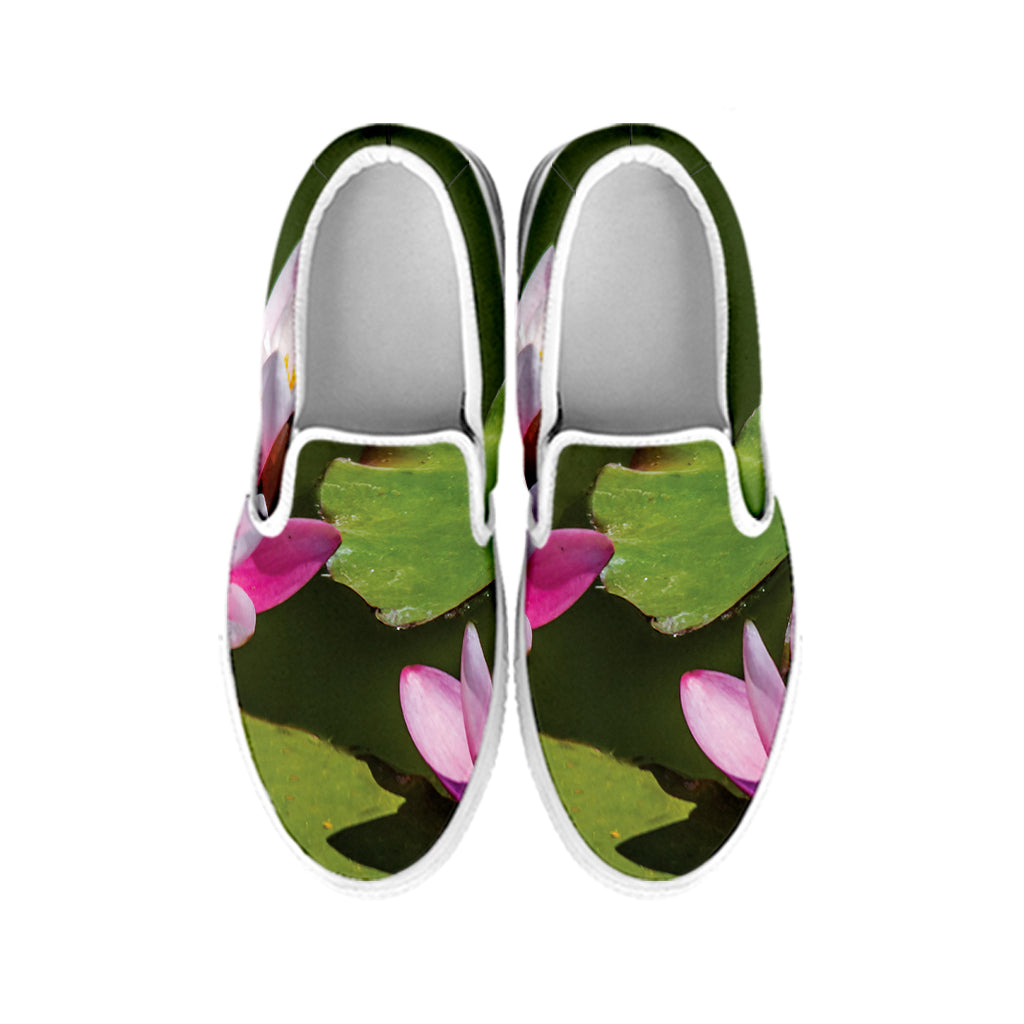 Pink Water Lilies Print White Slip On Shoes