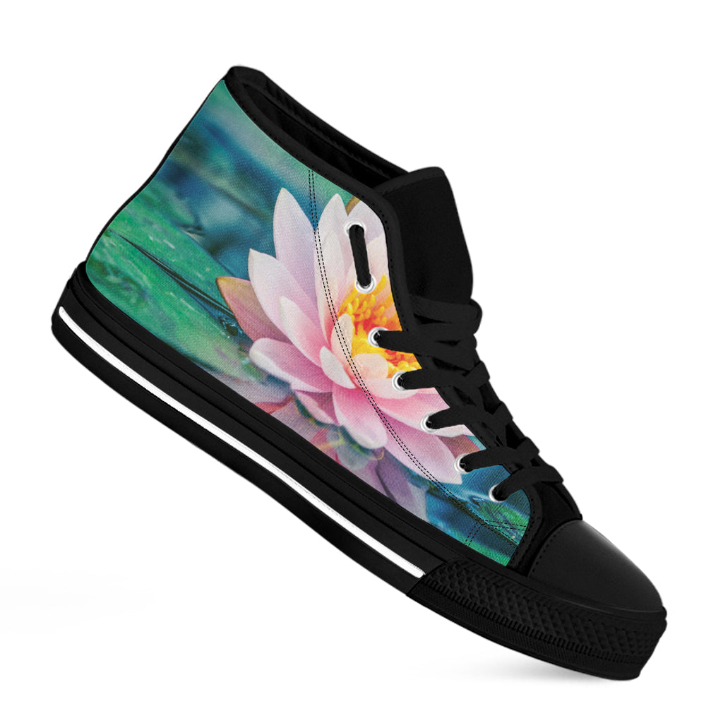 Pink Water Lily Print Black High Top Shoes