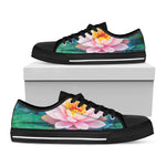 Pink Water Lily Print Black Low Top Shoes