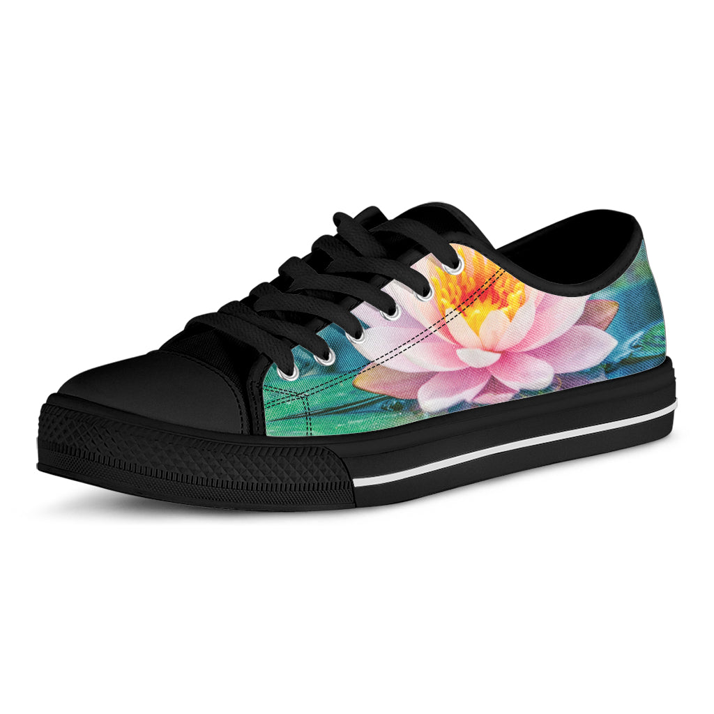 Pink Water Lily Print Black Low Top Shoes