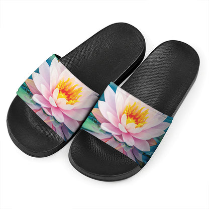Pink Water Lily Print Black Slide Sandals