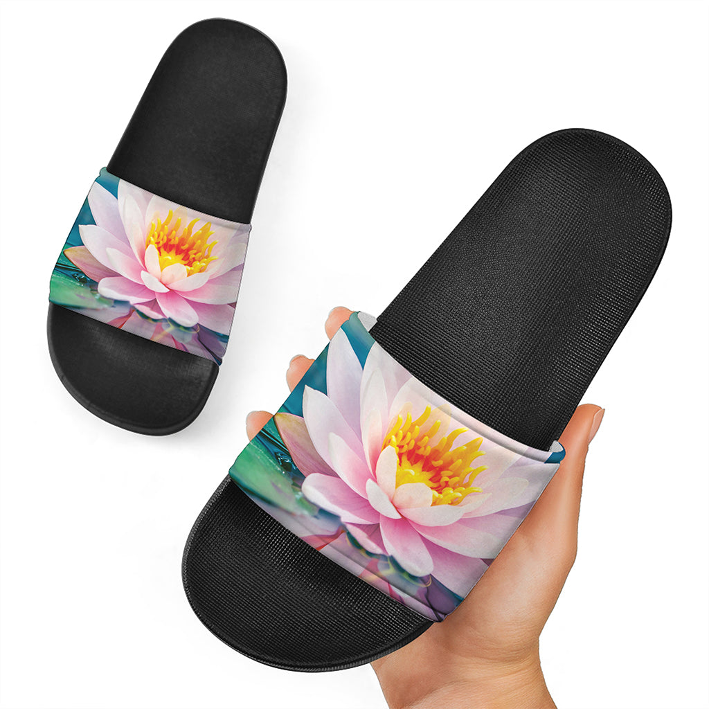 Pink Water Lily Print Black Slide Sandals