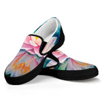 Pink Water Lily Print Black Slip On Shoes